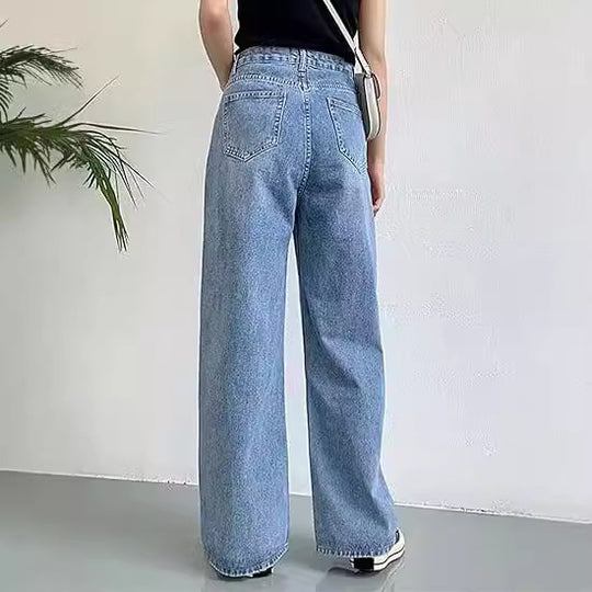 Damen nan hochgeschnittene weite Denim-Hose mit geradem Schlag und klassischem Five-Pocket-Design EB