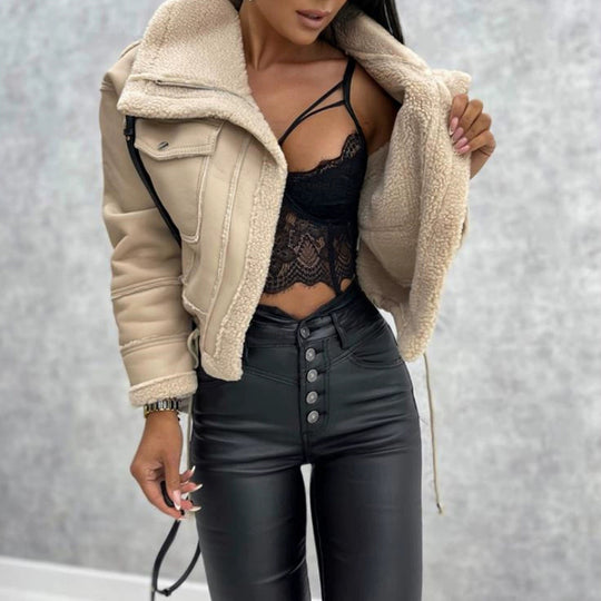Damen Bikerjacke mit Sherpa-Futter
