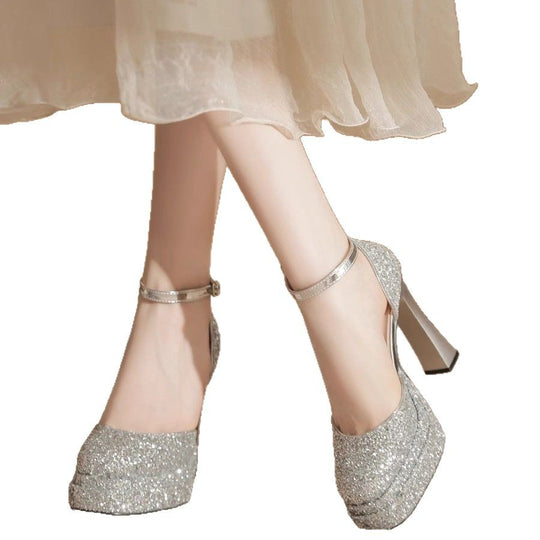 Damen Glitzernde Plateau-Pumps mit elegantem Knöchelriemen EB