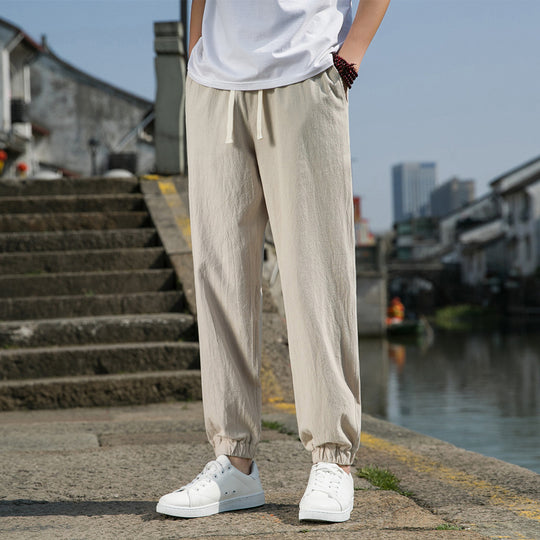 Herren nan tapered Leinen-Baumwoll-Jogger mit Kordelzug, elastischem Knöchelbündchen und schlanker Silhouette EB