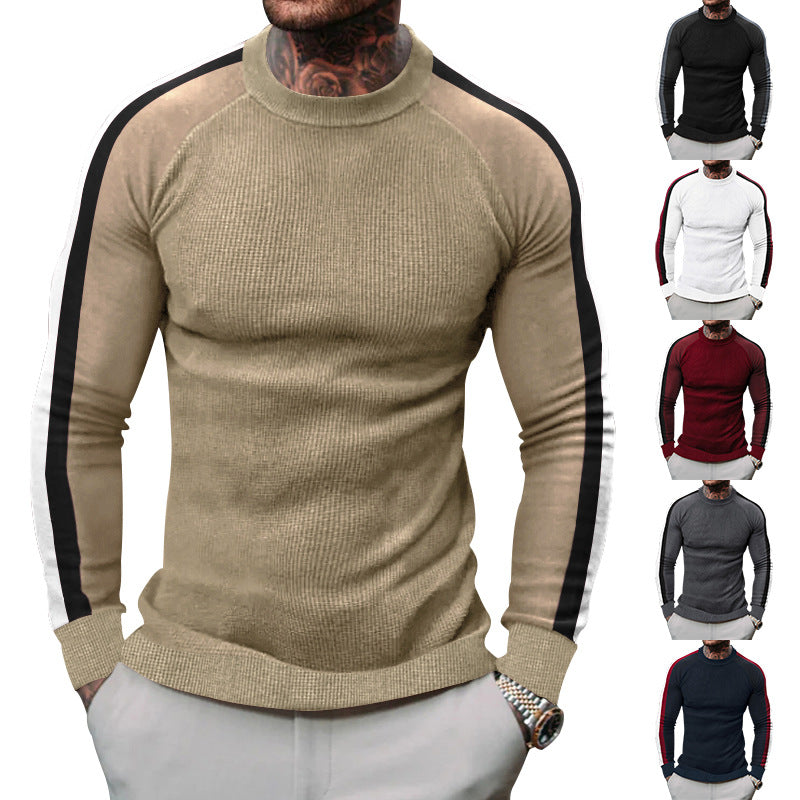 Herren sportlicher Strickpullover mit kontrastierenden Ärmeln und hohem Kragen EB