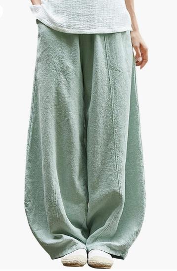Damen weite Leinenhose mit elastischem Bund und praktischen Taschen EB