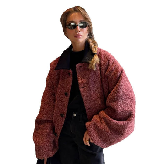 Damen kuschelige Oversize-Jacke mit großem Kragen EB