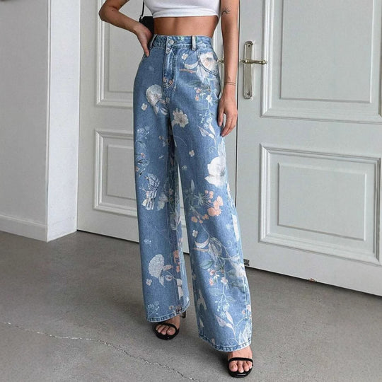Damen Weite Denim-Hose mit floralem Muster und hohem Bund EB