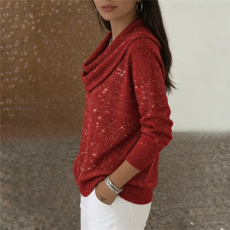 Damen nan fein gestrickter Pullover mit Wasserfallkragen und geripptem Saum EB