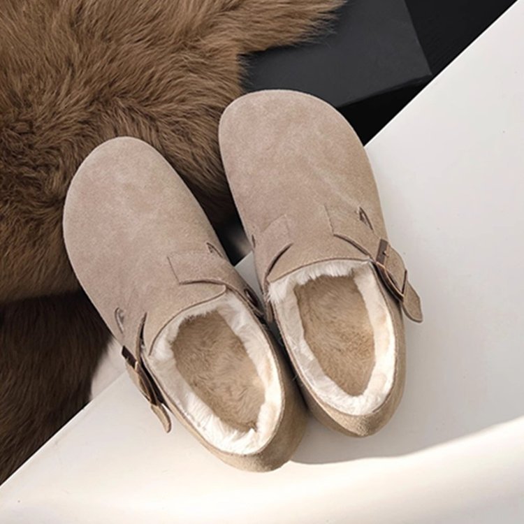 Damen bequeme Filzclogs mit weichem Kunstfellfutter und modischem Schnallenverschluss EB