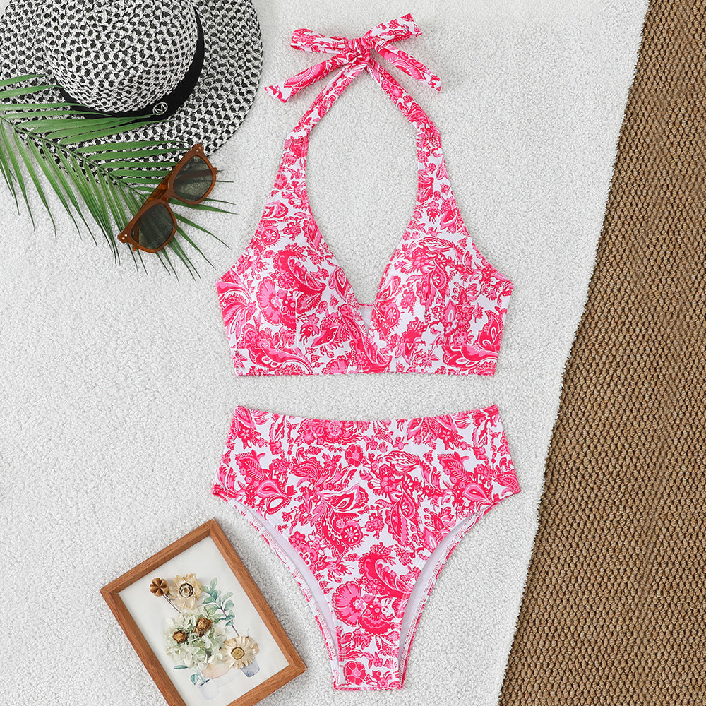 Damen Hochtailliertes Bikini-Set mit floralem Design und verspieltem Halteroberteil EB