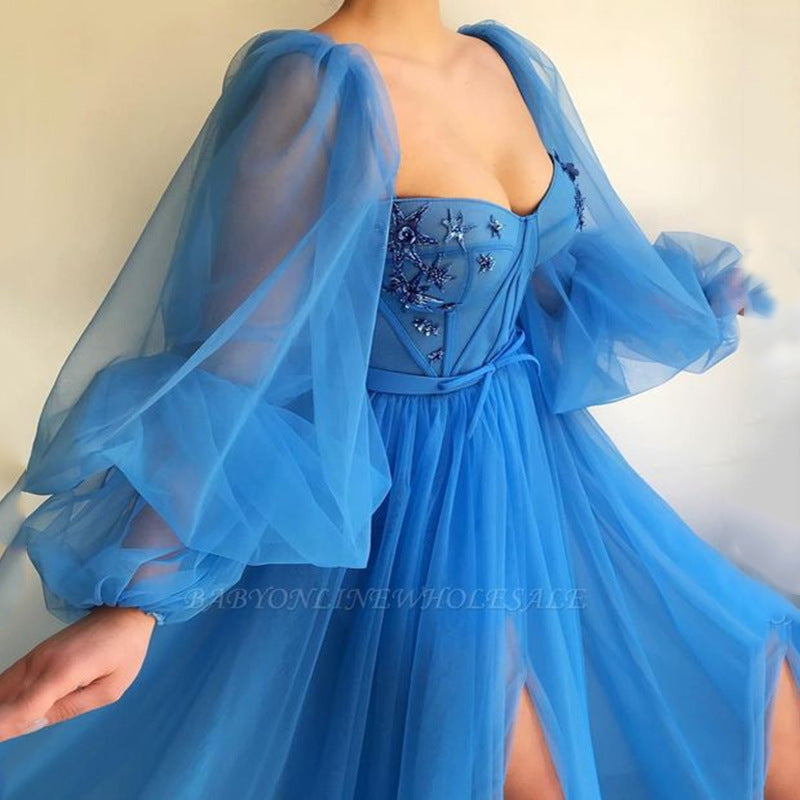 Damen Tüll Abendkleid mit voluminösen Ärmeln und seitlichem Schlitz EB