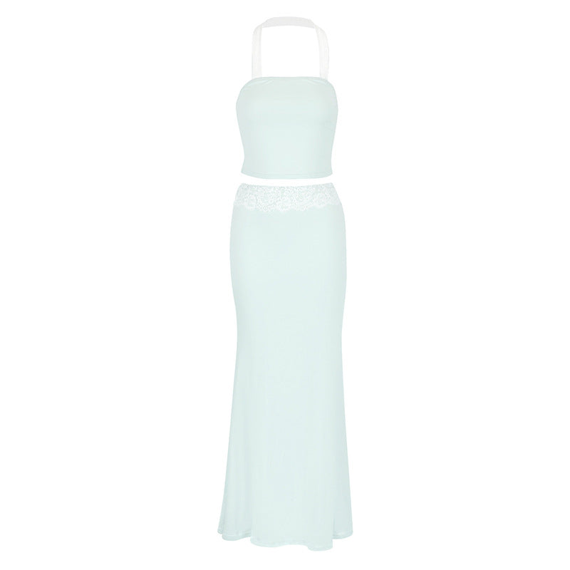 Damen Langärmliges Maxi-Kleid mit Spitzenakzenten und Trägerdetails EB