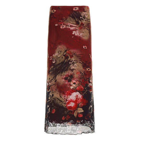 Damen Maxirock mit floralen Mustern und transparenter Spitze EB