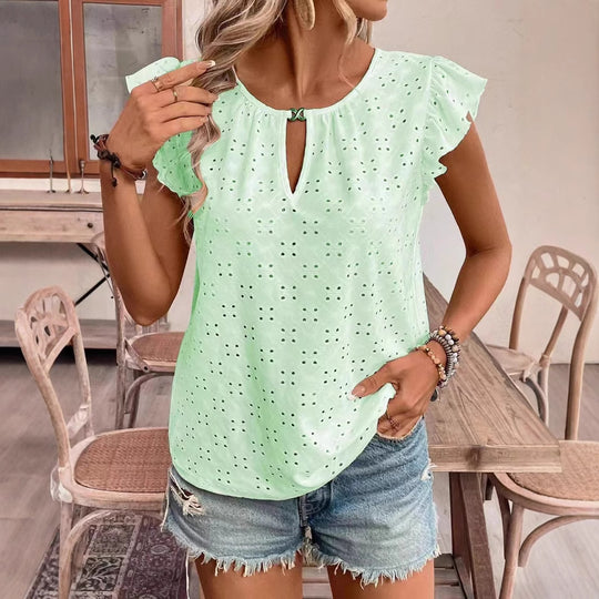 Damen Bluse mit Rüschendetails und verspieltem Lochmuster EB