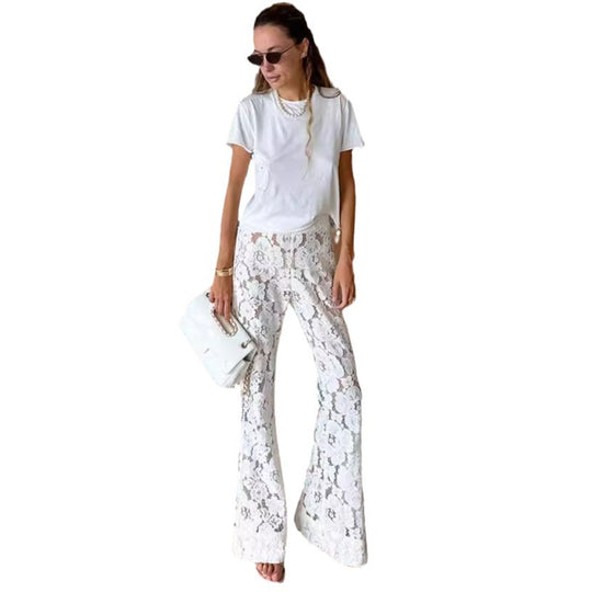 Damen Elegante Spitzenhose mit weitem Bein und floralen Details EB