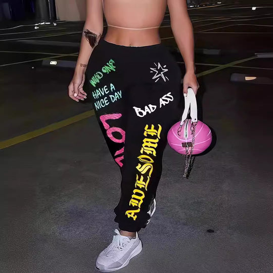 Damen Freizeithose mit kreativem Schriftzug und elastischem Bund EB