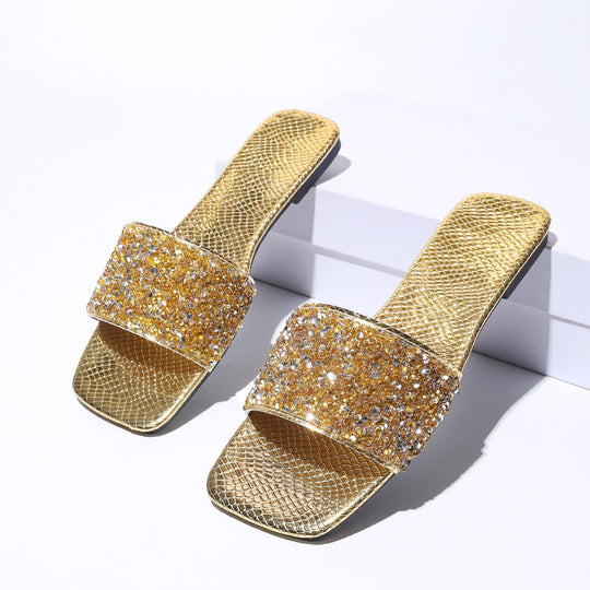 Damen Glitzernde Slides mit Perlenbesatz und luxuriösem Design EB
