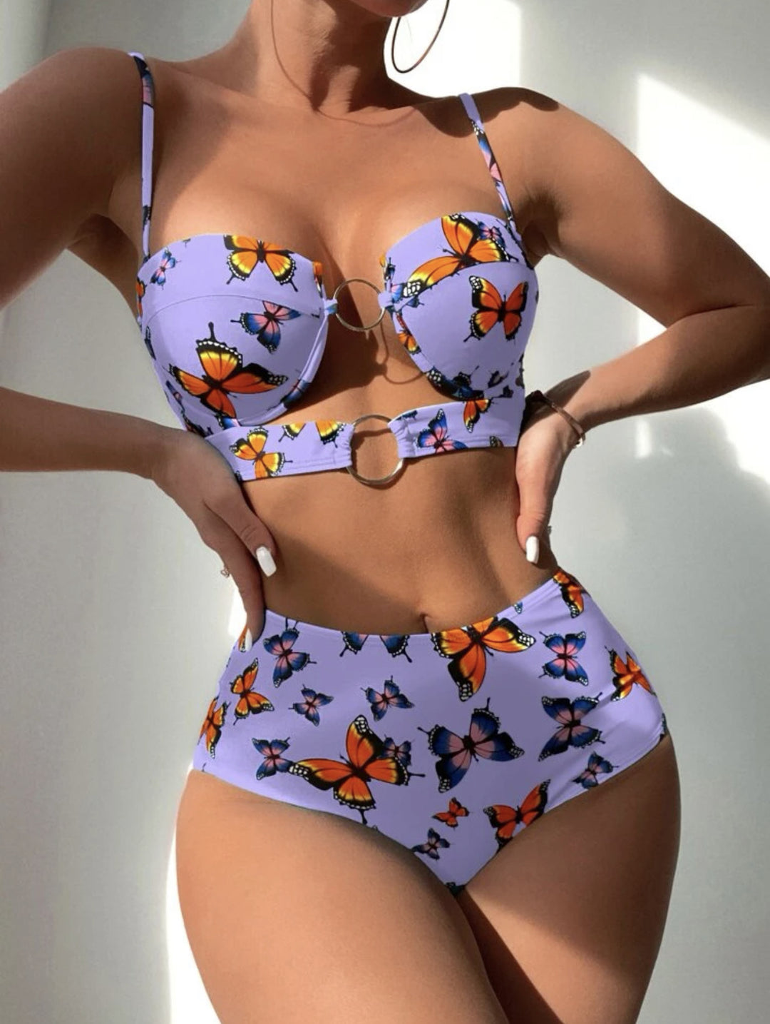Damen Push-Up Bikini mit floralen Schmetterlingsmotiven EB
