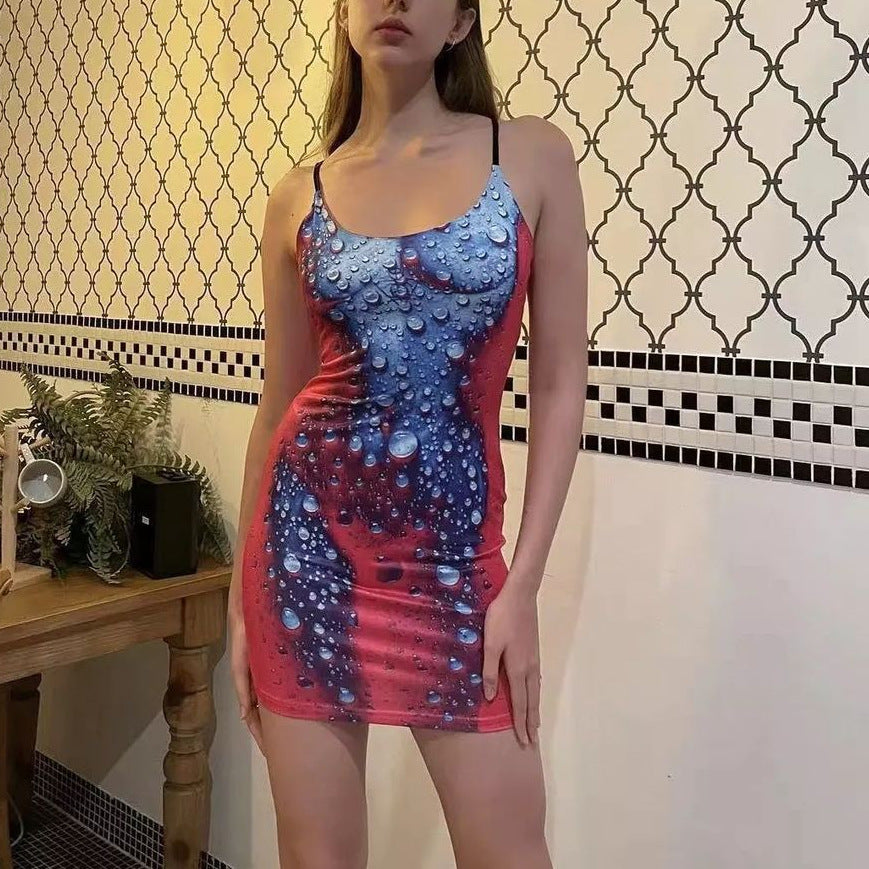 Damen Minikleid im modernen Wasserfall-Design mit verstellbaren Spagetti-Trägern EB