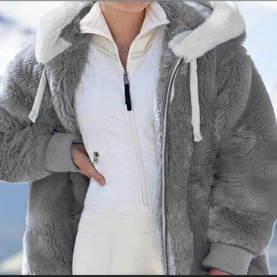Damen Kuschelige Kunstpelzjacke mit Kapuze EB