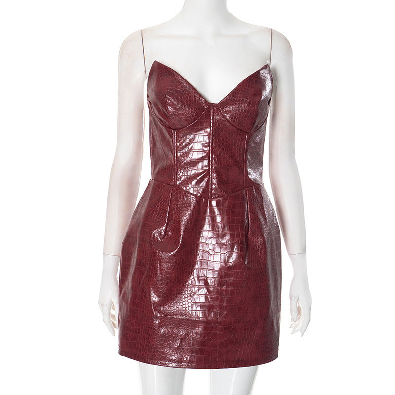 Damen Kleid aus hochwertigem, glänzendem Kunstleder mit Krokodilprägung EB