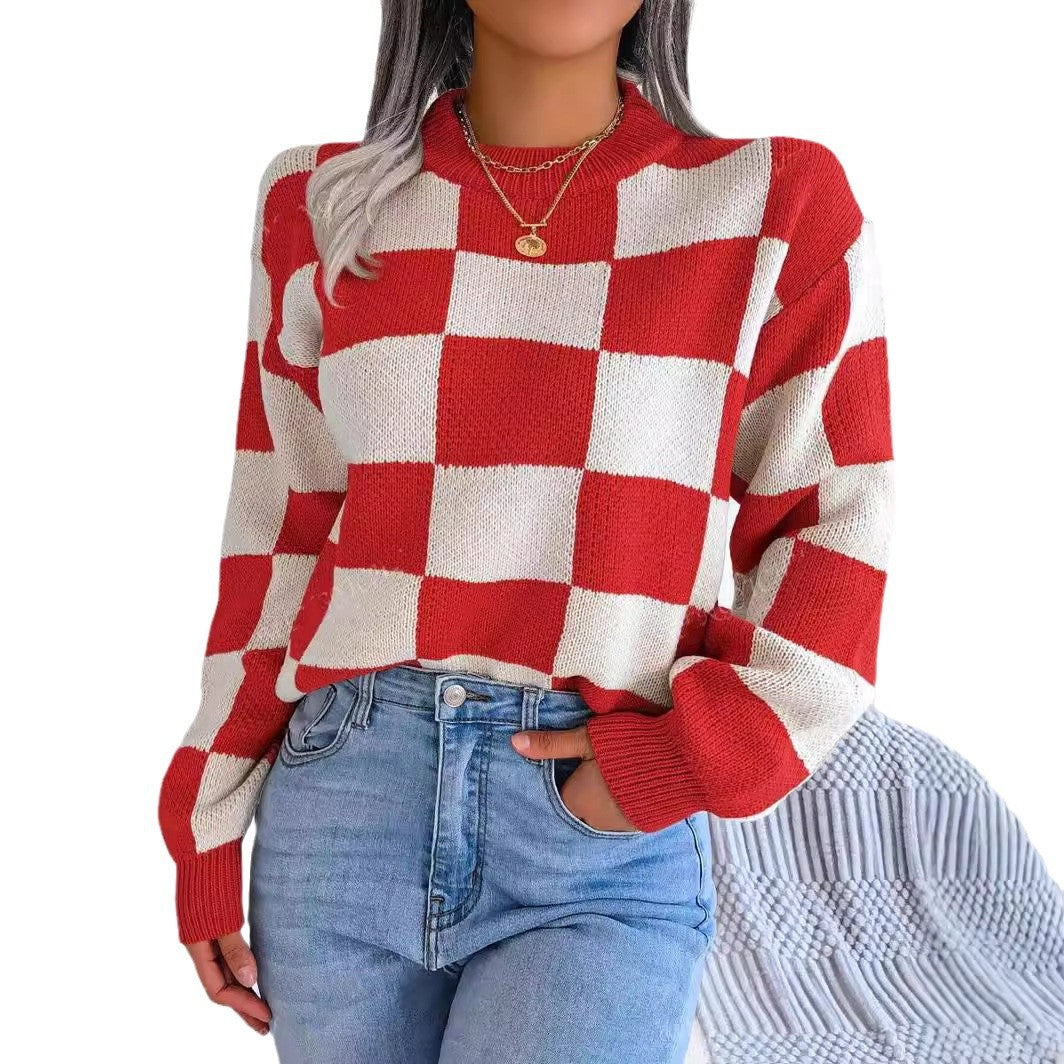 Damen lässiger kariert Pullover mit weiten Ärmeln und Rundhalsausschnitt EB