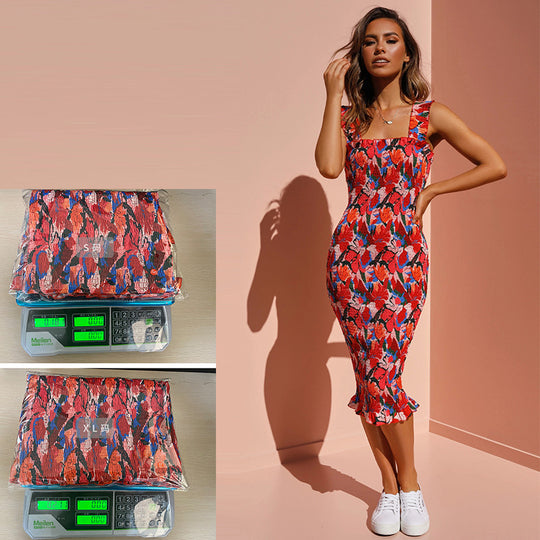 Damen Figurbetontes Blumenkleid mit Rüschensaum EB