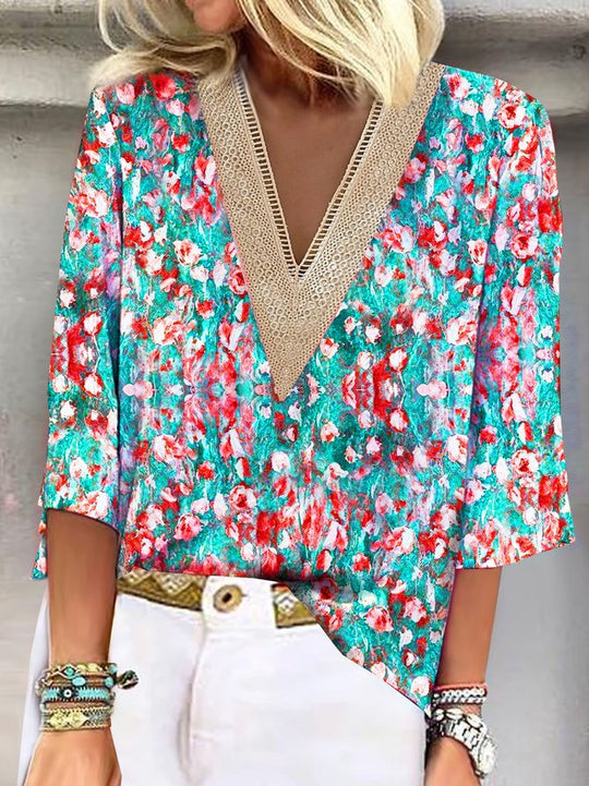 Damen Fashion Bluse mit V-Ausschnitt und Spitze EB