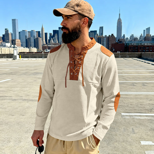 Herren Waffelstrick-Langarmshirt mit Schnürung und Kunstvelours-Ellbogenpatches EB