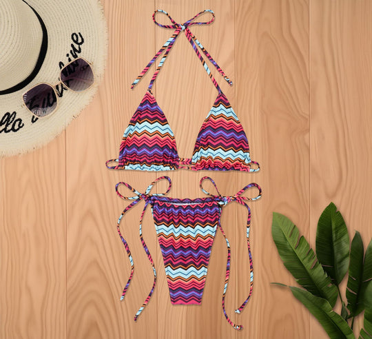 Damen Triangel-Bikini mit floralen Details und schmalen Bindebändern EB