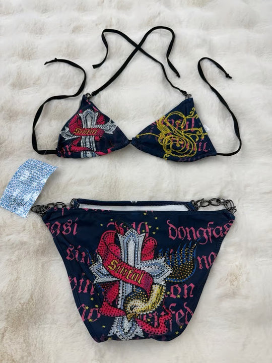 Damen Triangel-Bikini mit auffälligem Grafikumrandung EB
