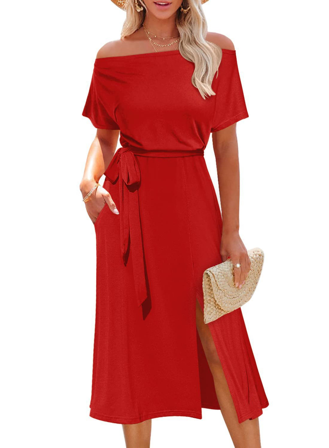 Damen Off-Shoulder Maxikleid mit Taillengürtel und seitlichem Schlitz EB