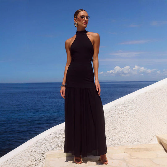 Damen Maxikleid mit hochgeschlossenem Design und fließendem Rock EB