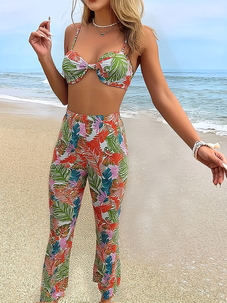 Damen Zweiteiliges Set aus Floral-Bikini und eleganten Palazzohosen EB