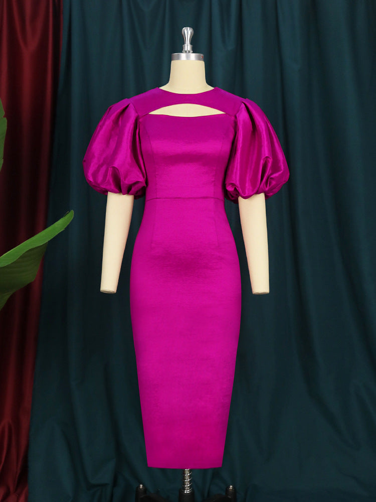 Damen figurbetontes Kleid mit Puffärmeln und Schlüssel-Ausschnitt EB