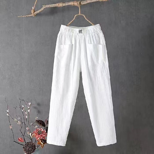 Damen nan lässige Leinenmix-Hose mit elastischem Bund, geradem Bein und großen aufgesetzten Taschen EB