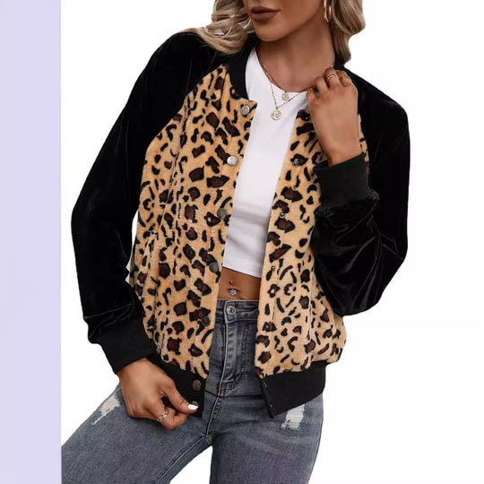 Damen elegante Bomberjacke mit Leopardenmuster und Veloursbesatz EB