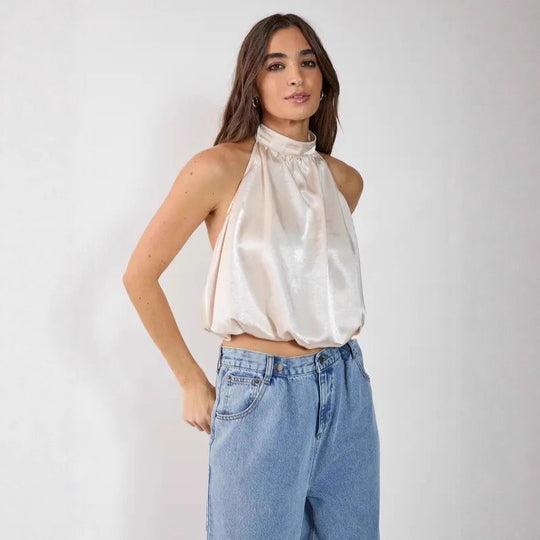 Damen Satin-Haltertop mit gerafftem Ausschnitt EB