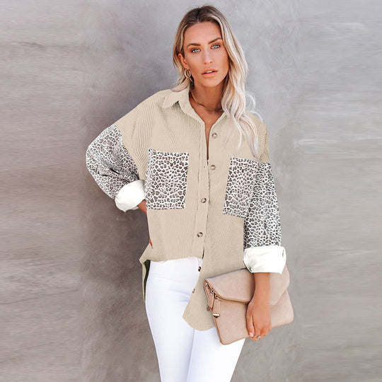 Damen nan oversized Hemdbluse mit Strukturstoff, Kontrastärmeln im Leo-Print und aufgesetzten Taschen EB