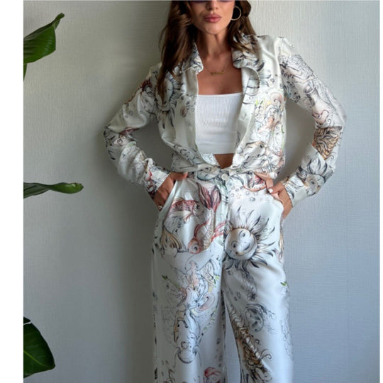 Damen Überschnittenes Satin-Hosenanzug mit floralem Design EB