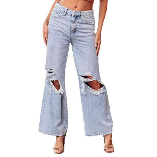 Damen Weit geschnittene Jeans mit modischen Rissen und lässigem Schnitt EB