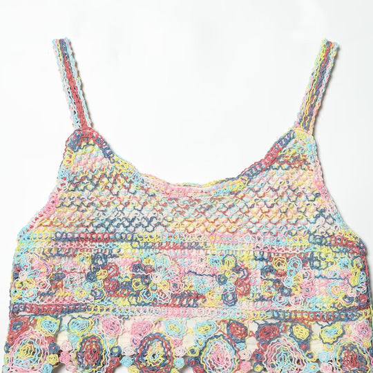 Damen luftiges Spitzen-Croptop mit buntem Häkelmuster EB