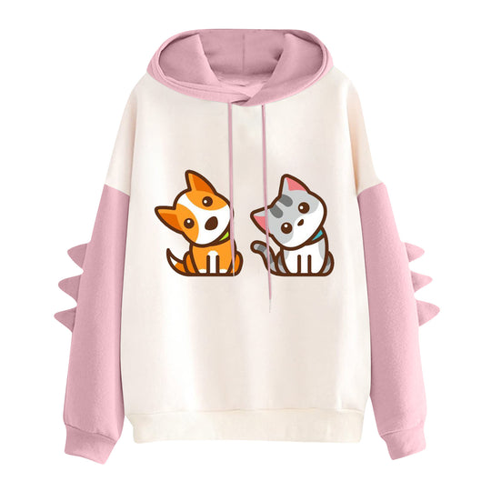 Damen nan Kapuzenpullover mit niedlichem Hunde‑und‑Katzen‑Print und 3D-Stacheln an den Ärmeln EB