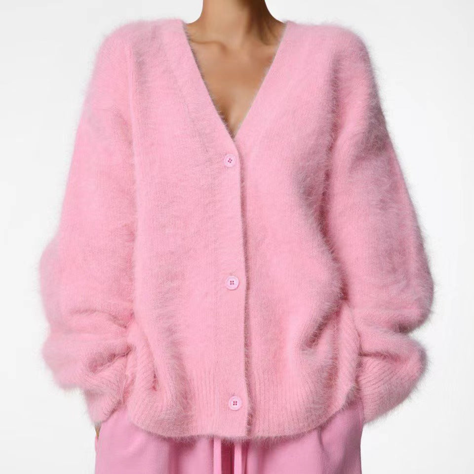 Damen Flauschiger Oversize-Knopfcardigan mit tiefem V-Ausschnitt und Eingrifftaschen EB