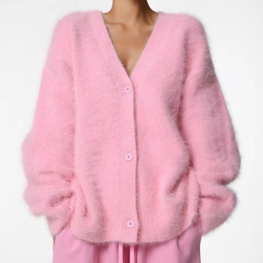 Damen Flauschiger Oversize-Knopfcardigan mit tiefem V-Ausschnitt und Eingrifftaschen EB