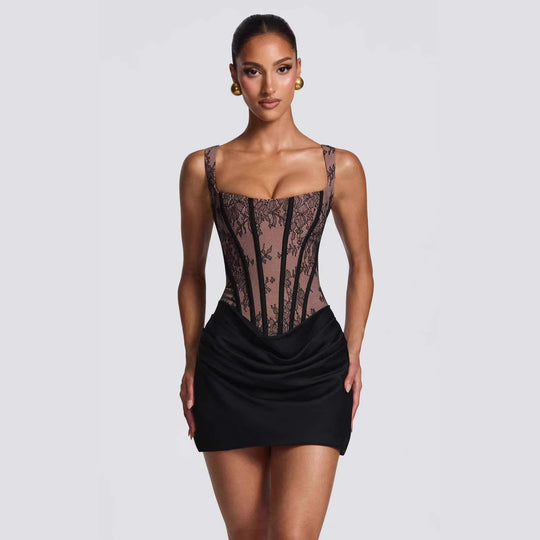 Damen Korsett-Kleid mit luxuriösen Spitzenakzenten und drapiertem Rock EB
