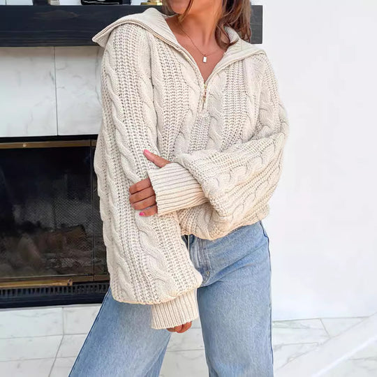 Damen lässiger Strickpullover mit weichem Zopfmuster und praktischer Kapuze EB