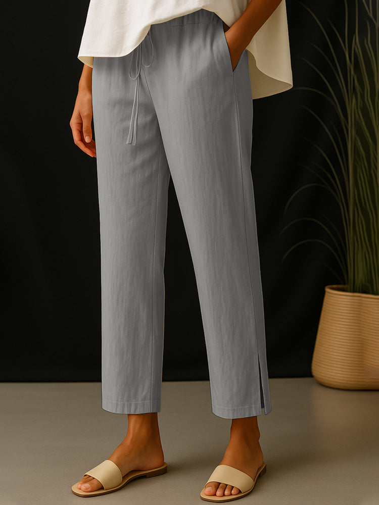 Damen Casual-Chino Leinenoptik Culotte mit elastischem Tunnelzugbund und Eingrifftaschen EB