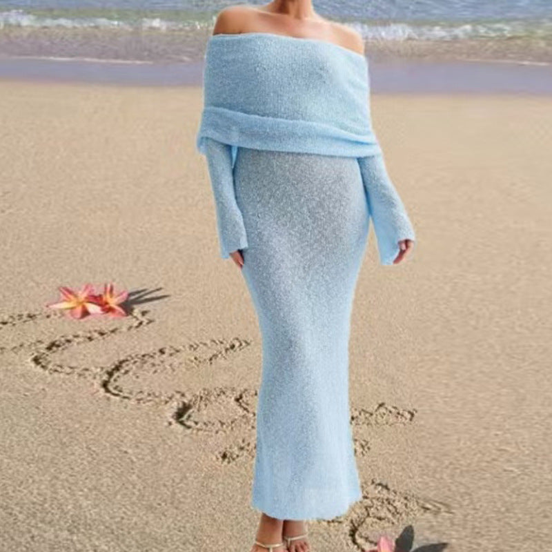 Damen Off-Shoulder Strickkleid mit langen Ärmeln und eleganter Silhouette EB