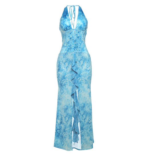 Damen Maxikleid mit raffiniertem Rüschendesign und tiefem V-Ausschnitt EB