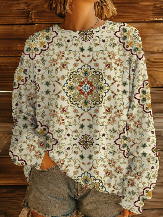Damen Geblümter Oversize-Sweatshirt-Pullover mit Rundhals und Ballonärmeln EB