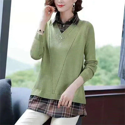 Damen Layered Strickpullover mit V-Ausschnitt und trendy Hemdbluse EB