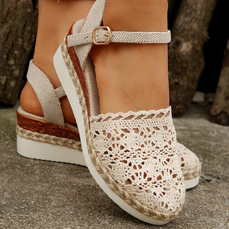 Damen Espadrille-Sandalen mit filigranem Häkel-Design und elastischem Knöchelriemen EB